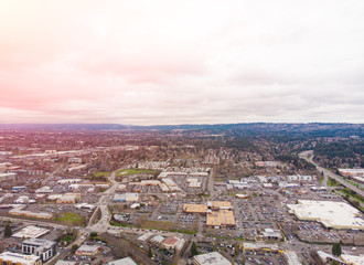 Fototapeta na wymiar A photo of Beaverton, Oregon, USA, at sunset, a suburb. A photo from a height at sunset or sunrise. Design background