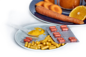 Turmeric (Curcuma longa Linn) herbal supplement In powder, capsules, juice, gummies, tablets form