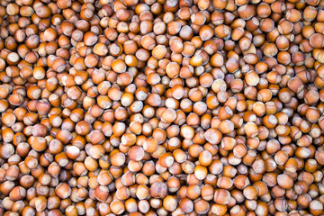 hazelnuts are scattered on the table. Background for design
