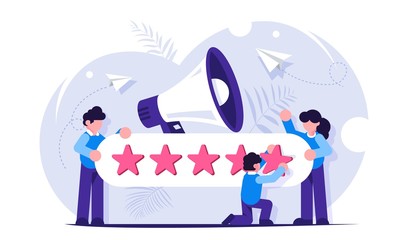 Customer Reviews. People characters giving five star Feedback. Clients choosing satisfaction rating and leaving positive review. Customer service and user experience concept.