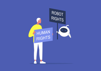 Human vs Robot rights, Cartoon characters holding protest signs, Artificial intelligence, machine learning ethics