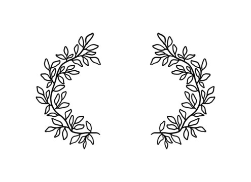 Hand drawn black and white floral bracket or frame elements with natural leafs and branch