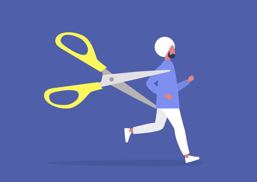 Young indian male character escaping from the office reduction, HR, scared manager haunted by huge scissors