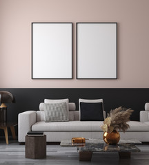 Mockup poster in minimalist modern living room interior background, 3D render