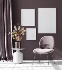 Mockup poster in dark violet monochrome modern living room interior background, 3D render