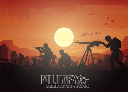 Military vector illustration, Army background, soldiers silhouettes.