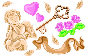Set with angel in vintage style. Cupid a small child, feathers, wrench, hearts, roses set for Valentine's Day. Vector illustration of realistic style.