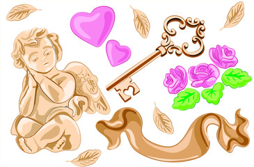 Set with  angel in vintage style.  Cupid a small child, feathers, wrench, hearts, roses set for Valentine's Day.   Vector illustration of  realistic style.