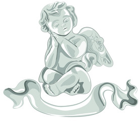 Cute black-white angel isolate with place for text.  Elements for greeting card, banner, poster.