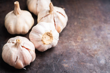 Garlic close-up shot on the rustic background. Selective focus. Shallow depth of field.