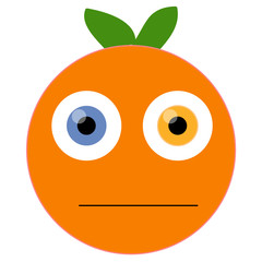 Orange emoji. Orange neutral face emoticon with flat closed mouth and wide open two-colored eyes: left eye blue, right eye yellow. Sign of irritation, unease, concern.