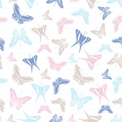 Flying butterfly silhouettes over striped background vector seamless pattern.
