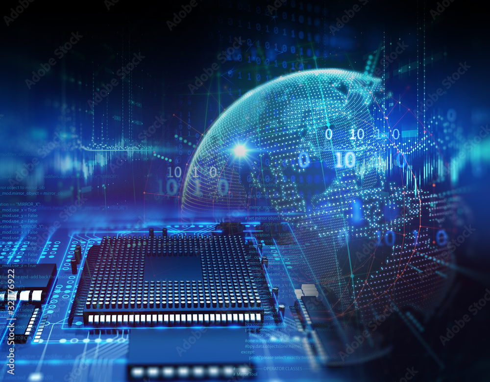 Aufkleber 3d rendering  of futuristic blue circuit board and cpu