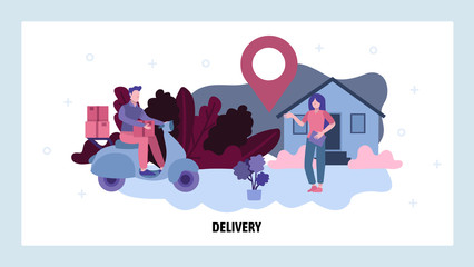 Man on motorbike deliver package to woman home. Delivery service concept. Vector web site design template. Landing page website concept illustration