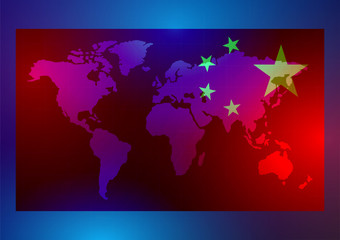 China flag on world map vector background, illustration. Power of Chinese's economy concept background.