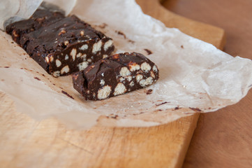 Chocolate dessert with a crumb of cookies 
