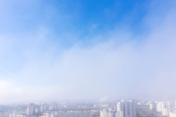 aerial view of Minsk cityscape on a foggy day. residential area. urban background