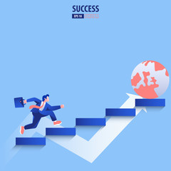 Businessman climbs the stair to achieve world success concept. Vector illustration