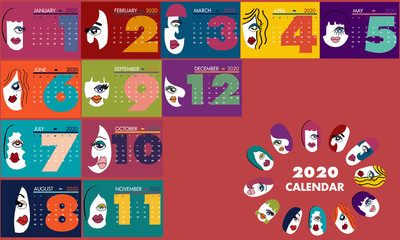 2020 calendar based on pop art, postmodernist and minimalist 12 months plus cover design