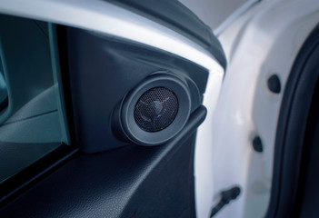 High-frequency tweeter speaker of a car with installed in a car door panel,Automotive part concept. - obrazy, fototapety, plakaty