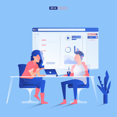 Teamwork and development concept. Man and woman discuss about a website display that emerges from a tablet. Vector illustration