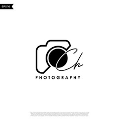 Initial Letter CH with camera. Logo photography simple luxury vector.