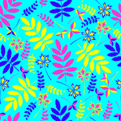 Fototapeta na wymiar blue, pink and yellow leaves. seamless pattern