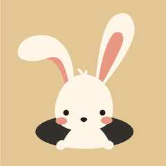 Cute kawaii cartoon flat vector easter white bunny, rabbit in hole, burrow