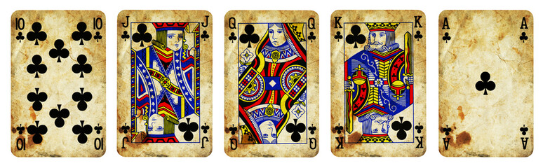 Clubs Suit Vintage Playing Cards, Set include Ace, King, Queen, Jack and Ten - isolated on white.
