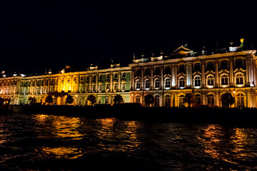 Night view of Winter Palace in St. Petersburg, Russia. View from the Neva river