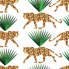 leopard and tropical plant. seamless pattern