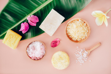 Flatlay composition with bowls of bath salt, solid shampoo and organic soap on big leaf and pink color background. Spa and Beauty treatment. Zero waste, organic cosmetics concept.