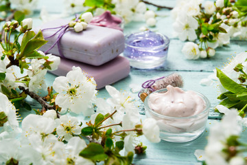 cosmetics, soaps and cherry flowers