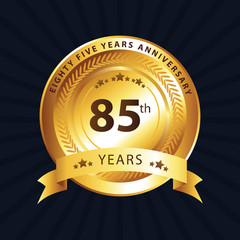 85th golden anniversary icon, with ring and ribbon, laurel wreath vector design