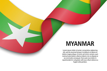 Waving ribbon or banner with flag Myanmar