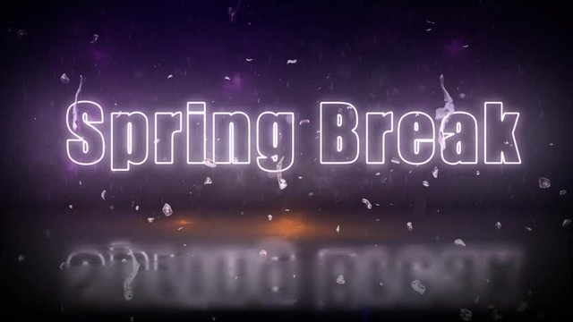 "Spring Break" neon lights sign revealed through a storm with flickering lights