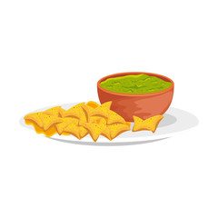 bowl with delicious guacamole with nachos vector illustration design