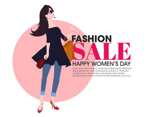 Fashion Woman with Long Hair and floral pattern. Vector Illustration. 8 March Day