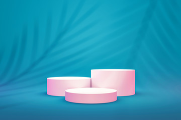 White podium shelf or empty pedestal display on vivid aqua summer background with palm leaf pattern. Blank stand for showing product. 3D rendering.