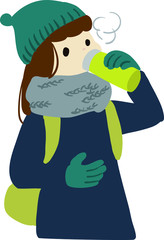 水筒で温かい飲み物を飲む女性のイラスト