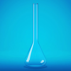 Transparent glass laboratory flask. Flask blue background. 3D rendering.