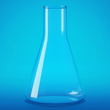 Transparent glass laboratory flask. Flask blue background. 3D rendering.