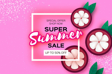 Mangosteen in paper cut style. Food concept. Fresh fruits in paper cut style on pink background. Summer sale. Frame for text.