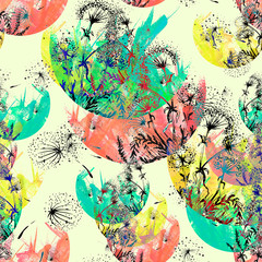 Vintage seamless watercolor pattern of plants. Herbs, dandelion, garden flowers, dried flowers, white, blue, black, flowers watercolor. On a black background. Vintage pattern, abstract splash of paint