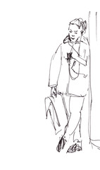 Graphic black and white drawing of a standing woman with a phone