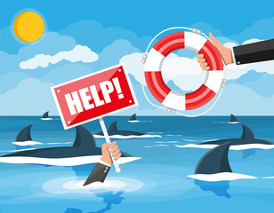 Drowning businessman in sea with sharks getting lifebuoy from another man. Helping business to survive. Help, support, survival, investment, obstacle crisis. Risk management. Flat vector illustration
