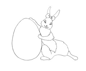 Cute contoured Easter Bunny with egg shaped frame. Paired illustration of boy and girl rabbits. Easter characters and backgrounds