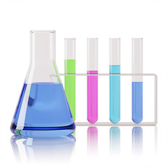 Set of transparent glass laboratory flasks. 3D rendering.
