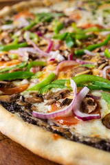 Fototapeta na wymiar A closeup view of a veggie pizza.
