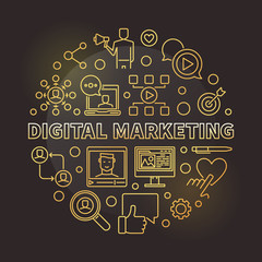 Digital Marketing vector round concept golden outline illustration on dark background